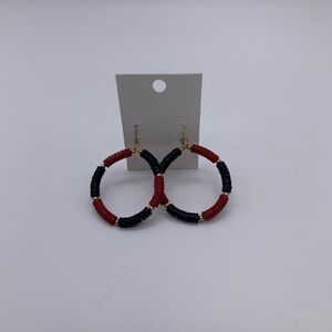 Garnet Red & Black Hoop GAMEDAY Earrings With Gold Tone Spacer Beads